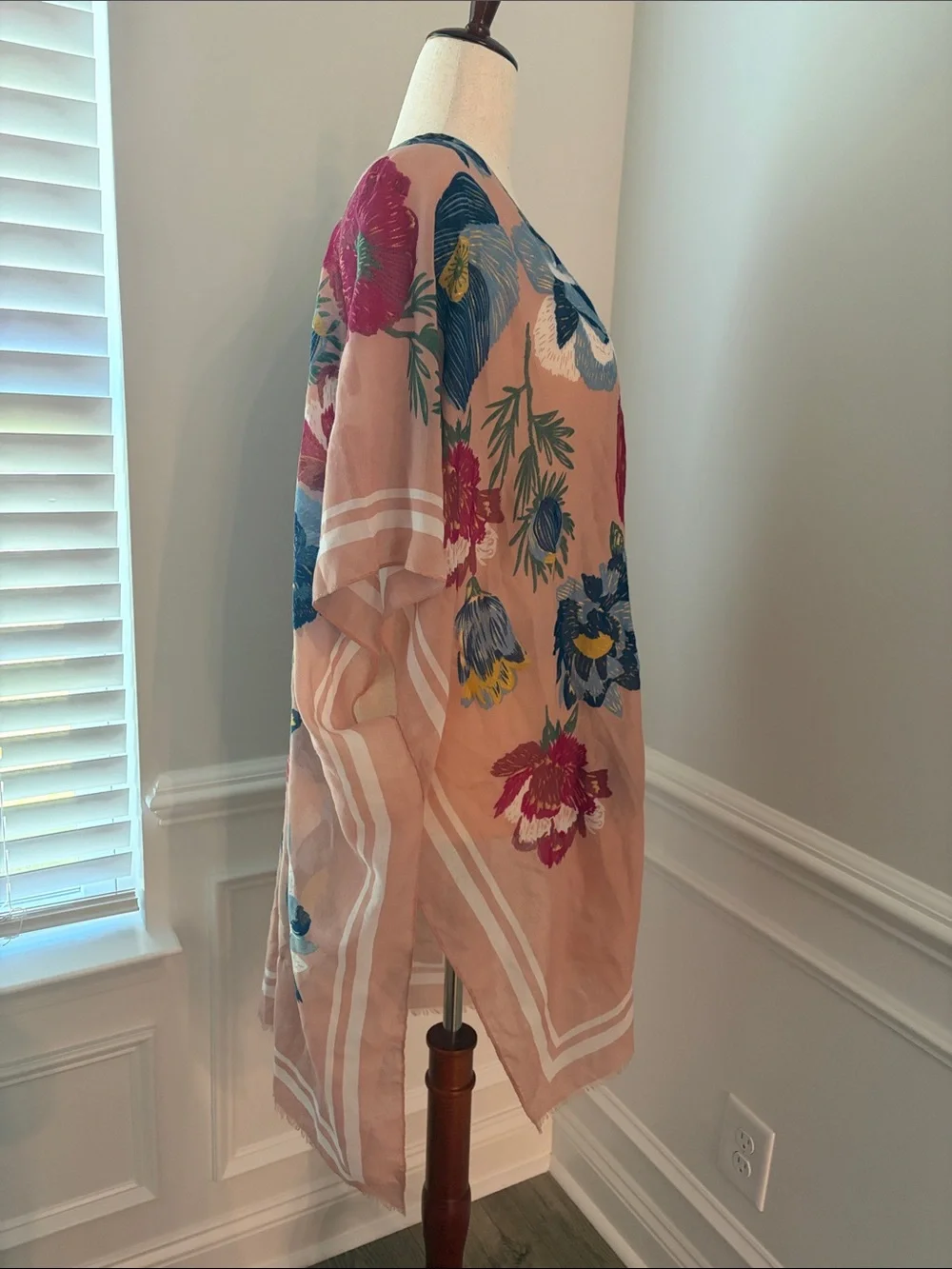 Woven Heart Blush Floral Kimono Cover-Up with Blue & Magenta Blooms | one size